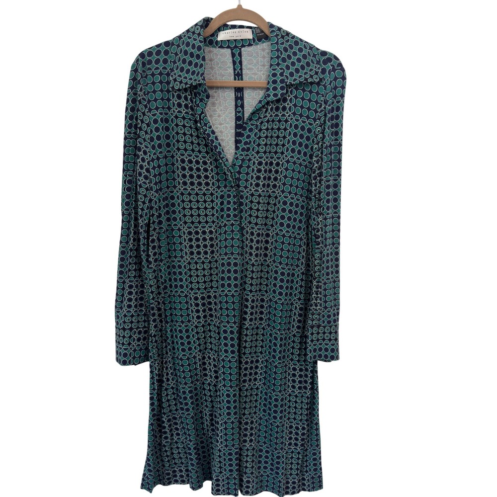 Mod Geometric Circle Print Shirt Dress Teal Navy Long Sleeve Charles Nolan 12